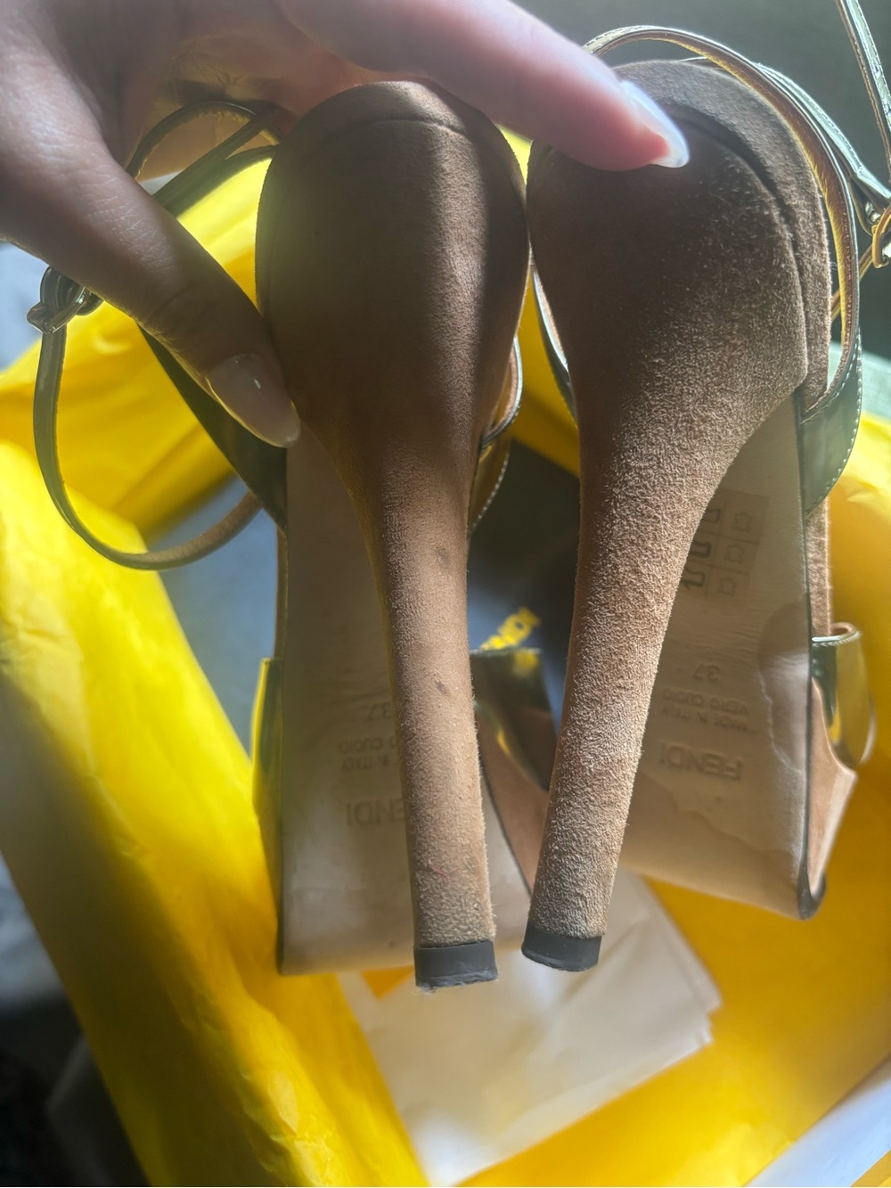 Fendi Tan Suede Platform Sandals with Gold Accents - Picture 2 of 7